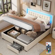 Lit coffre 180x190 cm, avec led, hydraulique de rangement, 2 tiroirs, sommier à lattes en bois, cadre en métal, lit capitonné en velours - Beige