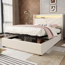 Lit coffre 140x190cm - lit double adulte avec sommier à lattes et tête de lit led avec port usb et chaîne stéréo - lin beige