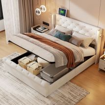 Tanant - Lit coffre 140x190cm - velours, tête de lit avec 2 liseuses et recharge usb, lit double avec rangement, sommier à lattes, cadre de lit, lit
