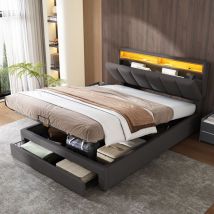 Nmonet - Lit coffre 180x200 cm avec 2 tiroirs, éclairage led, tête de lit rangement, sommier à lattes, structure métal, lin - Gris