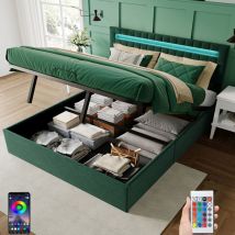 Nmonet - Lit coffre 140x200 cm avec éclairage led, hydraulique de rangement, sommier à lattes en bois, cadre en métal, lit capitonné en Velours - Vert