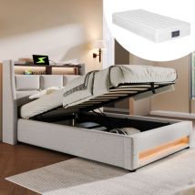 Hauss Spole - Lit coffre 90x200 cm avec usb et led, lit adulte double capitonné, Bois+Métal+Lin, matelas Inclus, Beige
