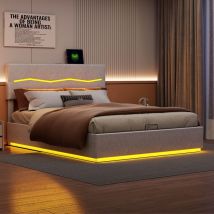 Lit coffre 140x200 cm éclairage led, tête de lit relevable, structure en métal, sommier à lattes, cuir pu, lit double capitonné - Beige