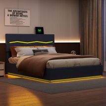 Lit coffre 180x200 cm éclairage led, tête de lit relevable, structure en métal, sommier à lattes, cuir pu, lit double capitonné - Noir