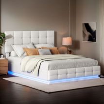 Sureh - Lit coffre 140x200 cm,lit 2 Personnes moderne avec rangement,éclairage LED,cadre de lit avec sommier à lattes,lit adulte,PU,​​blanc