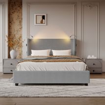 Sureh - lit coffre 140x200 cm, lit double capitonne avec liseuse, lit adulte 140x200, lit rembourré avec sommier,chargement usb, velours côtelé, Gris