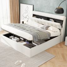 Lit coffre 180x200 cm, lit adulte rembourré hydraulique, tête de lit avec rangement, pu, sans matelas, blanc