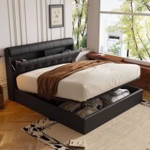 Lit coffre 140x200 cm, lit adulte rembourré hydraulique, tête de lit avec rangement, PU, sans matelas, noir