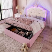 Hauss Spole - Lit coffre 140x200 cm, Lit adulte/enfant rembourré, led, tête de lit en forme de couronne, sans matelas, pu, rose