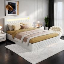 Lit coffre 160x200 cm - simili cuir, tête de lit losange, lit double avec éclairage LED, sommier en métal, sommier à lattes, lit adulte de style