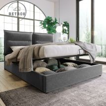 Lit coffre double 140x200cm - sommier à lattes avec structure en métal, tête de lit réglable, tissu velours - Gris