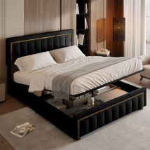 Lit coffre 160x200,lit 160x200,lit adult,lit double avec sommier,lit rembourré avec levier hydraulique,tissu en velours,noir