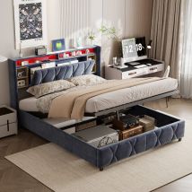 Blanketswarm - Lit coffre 140x200, lit adulte 140x200, lit double, tête de lit avec rangement, lit capitonné avec led réglable, lit rembourré avec