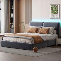 Sureh - Lit coffre 160x200, Lit double avec éclairage led, Lit adulte 160x200, Lit capitonné avec sommier à lattes, velours, gris