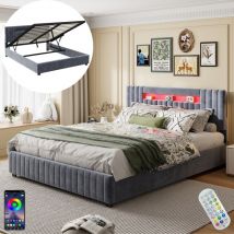 Lit coffre 140x200 cm, avec éclairages led, hydraulique de rangement, étagères, sommier à lattes en bois, cadre en métal, lit double capitonné en
