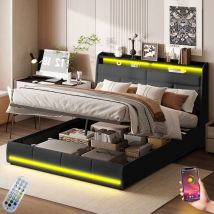 Lit coffre 140x200 cm, avec led, app, hydraulique de rangement, télécommande, sommier à lattes, cadre en métal, lit capitonné en similicuir - Noir
