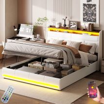 Lit coffre 140x200 cm, avec led, app, hydraulique de rangement, télécommande, sommier à lattes, cadre en métal, lit capitonné en similicuir - Blanc