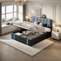 Tanant - Lit coffre 140x200cm - avec port de charge usb et Type-C, tête de lit éclairée led, espaces de rangement, structure en métal, sommier à