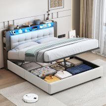 Lit Coffre 160x200cm Avec Rangement Sous Le Lit, Lit Double Avec Tête De Lit En Velours, Lit Adulte, Tête De Lit Avec Rangement Et Chargement Sans Fil
