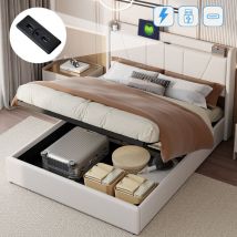 Lit coffre 140x200 cm, avec usb fonction de charge c, hydraulique de rangement, sommier à lattes en bois, cadre en métal, lit capitonné en lin - Beige