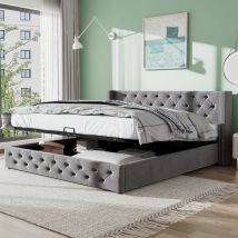 Lit coffre 140x190cm en velours avec sommier à lattes - Gris