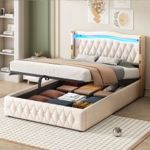 Hauss Spole - Lit coffre 140x200cm, lit double adulte rembourré , led à changement de couleur, velours, sans matelas, Beige