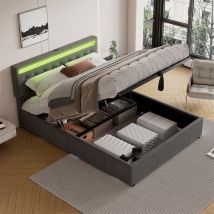 Fortuna Lai - Lit coffre 160x200cm, lit double rembourré avec sommier à lattes et tête de lit led avec port usb, en tissu lin, gris