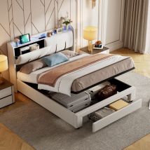 Tanant - Lit coffre 160x200cm, tissu velours, avec interface de chargement usb et Type-C, 1 tiroir, Lit double avec tête de lit éclairée par led,