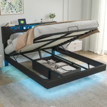 Sunfecili - lit coffre 140x200,lit 140x200 avec sommier,lit adult,lit double,avec Tête de lit réglable en hauteur,Tête de lit avec rangement et