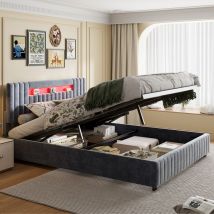 Lit coffre 160x200,lit 160x200,lit adulte 160x200,Tête de lit avec lumières LED,Dossier souple,velours,Gris - Sunfecili