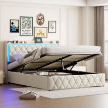 Lit coffre 160x200,lit adulte avec sommier,Tête de lit avec chargement usb et lumières led réglables,velours,Beige - Sunfecili