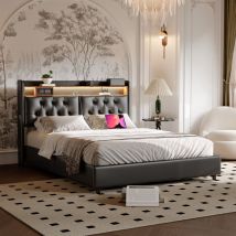 Sureh - Lit coffre 180 x 200 cm avec led et ports usb, lit 2 Personnes Lit rembourré avec rangement, cadre de lit 180x200 avec sommier à lattes,