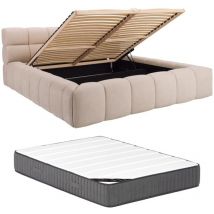 Lit coffre 160 x 200 cm - Tissu - Beige + Matelas - FORVIK II de Pascal Morabito