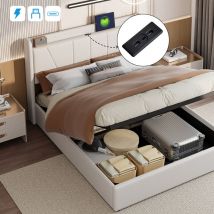 Lit coffre 140x200 avec sommier tapissier,lit double avec chargement USB et Type C,lit rembourré,lit adulte,cadre de lit avec sommier à