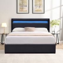 Lit coffre dehoussable 160x200 cm avec tête de lit led - 14 lattes - montage facile - revêtement pvc simili entretien simplifié
