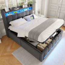 Lit coffre 140x200 cm, éclairage LED et prise USB, hydraulique, lit adulte double capitonné, lin, sans matelas, gris