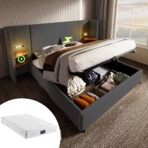 Wishdor - Lit coffre 160x200 cm, lit double capitonné avec table de chevet, lampe de lecture et fonction de charge usb Type-C, gris, lin, matelas