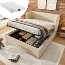 Lit coffre 160x200 cm, lit double rembourré avec sommier à lattes et rangement hydraulique, lin, beige, matelas inclus, sans fond