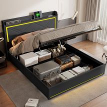 Polsterbett mit Stauraum 140x200 cm - Doppelbett mit Stauraum, Kopfteil mit LED-Beleuchtung und USB-Ladeanschluss, Lattenrost, Kunstleder - Schwarz