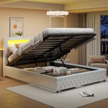 Lit coffre 180x200,lit adult,lit double,lit capitonné avec sommier à lattes,LED réglable,avec tête de lit,PU,blanc