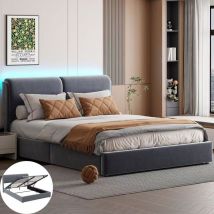 Lit coffre 140x200, lit 140x200 avec sommier, lit double capitonné, lit adulte avec dossier moelleux, led réglable, velours, gris foncé