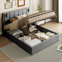 Lit coffre 140x200, lit 140x200 avec sommier, lit double capitonné, lit adulte avec liseuse, design rivets,tissu en velours, gris