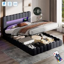 Lit coffre 140x200 cm, avec éclairage led, usb-a/c charge, hydraulique de rangement, sommier à lattes en bois, cadre en métal, lit capitonné en lin