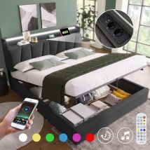 Lit coffre 160x200cm - avec led et ports de chargement - tissu en lin - Gris