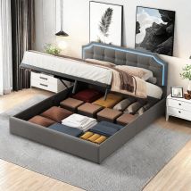 Sureh - Lit coffre 140x200cm avec sommier à lattes,Lit double rembourré avec rangement,éclairage LED,chargement USB,lit adulte,gris