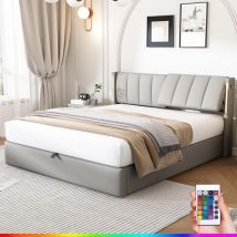 Lit coffre 160x200 cm, avec led, usb-a/c charge, 3 étagères, hydraulique de rangement, sommier à lattes en bois, lit capitonné en velours - Blanc