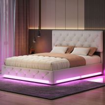 Sureh - Lit coffre 160x200cm, lit adulte 160x200cm, lit double, lit capitonné avec éclairage led, Sommier à lattes, Lin, Beige