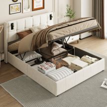 Fortuna Lai - Lit coffre 140x200cm - lit double avec 2 lampes de lecture, sommier à lattes et tête de lit avec décor de rivets - velours beige