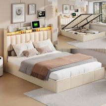 Fortuna Lai - Lit coffre 160x200cm - Lit double led avec décor de rivets, sommier à lattes et tête de lit rangement - velours beige