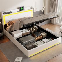 Fortuna Lai - Lit coffre 160x200cm, lit double led rembourré en pu, avec sommier 0 lattes et tête de lit rangement avec charge usb Type-C, blanc